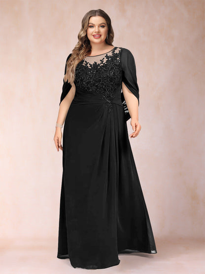 Robe de Mère de la Mariée Grande Taille, Coupe Trapèze/Princesse, Manches Mi-Longues avec Appliques et Volants