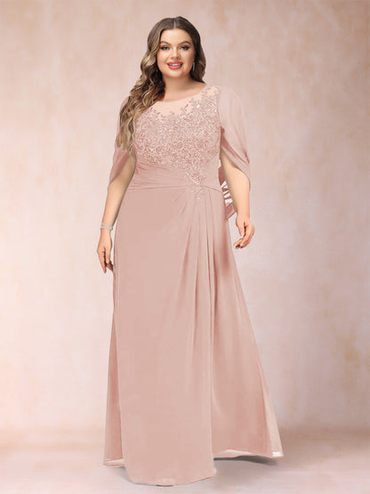 Robe de Mère de la Mariée Grande Taille, Coupe Trapèze/Princesse, Manches Mi-Longues avec Appliques et Volants