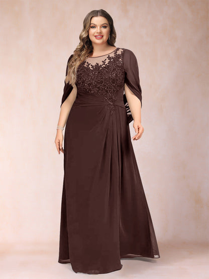Robe de Mère de la Mariée Grande Taille, Coupe Trapèze/Princesse, Manches Mi-Longues avec Appliques et Volants