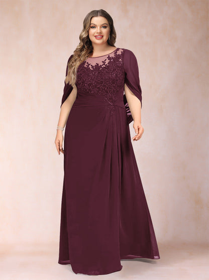Robe de Mère de la Mariée Grande Taille, Coupe Trapèze/Princesse, Manches Mi-Longues avec Appliques et Volants