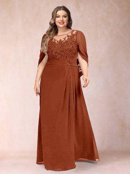 Robe de Mère de la Mariée Grande Taille, Coupe Trapèze/Princesse, Manches Mi-Longues avec Appliques et Volants