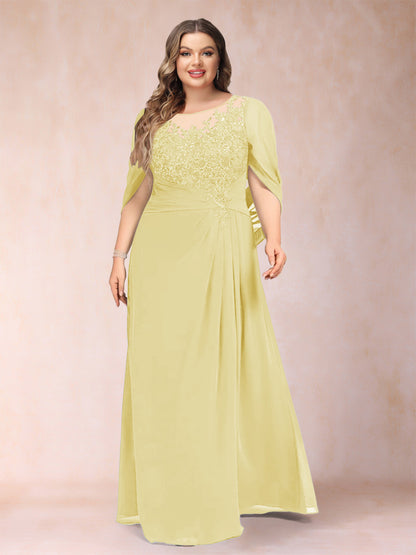 Robe de Mère de la Mariée Grande Taille, Coupe Trapèze/Princesse, Manches Mi-Longues avec Appliques et Volants
