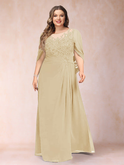 Robe de Mère de la Mariée Grande Taille, Coupe Trapèze/Princesse, Manches Mi-Longues avec Appliques et Volants