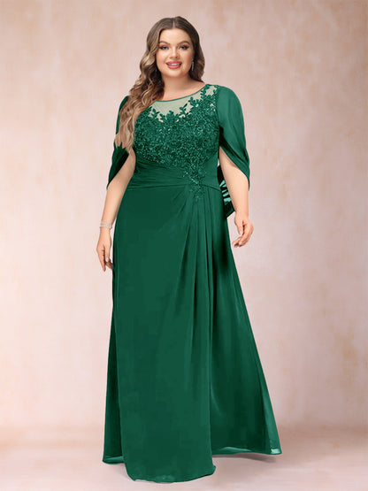 Robe de Mère de la Mariée Grande Taille, Coupe Trapèze/Princesse, Manches Mi-Longues avec Appliques et Volants