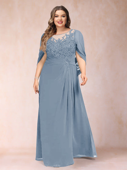 Robe de Mère de la Mariée Grande Taille, Coupe Trapèze/Princesse, Manches Mi-Longues avec Appliques et Volants