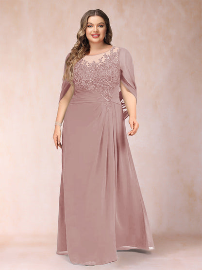 Robe de Mère de la Mariée Grande Taille, Coupe Trapèze/Princesse, Manches Mi-Longues avec Appliques et Volants
