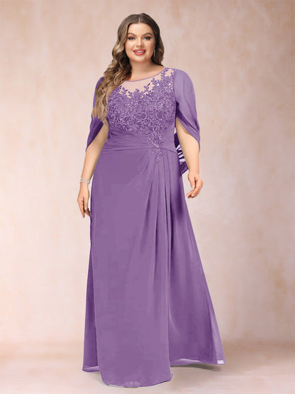 Robe de Mère de la Mariée Grande Taille, Coupe Trapèze/Princesse, Manches Mi-Longues avec Appliques et Volants