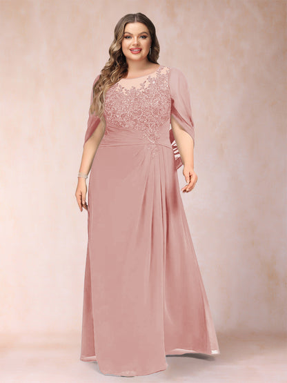 Robe de Mère de la Mariée Grande Taille, Coupe Trapèze/Princesse, Manches Mi-Longues avec Appliques et Volants
