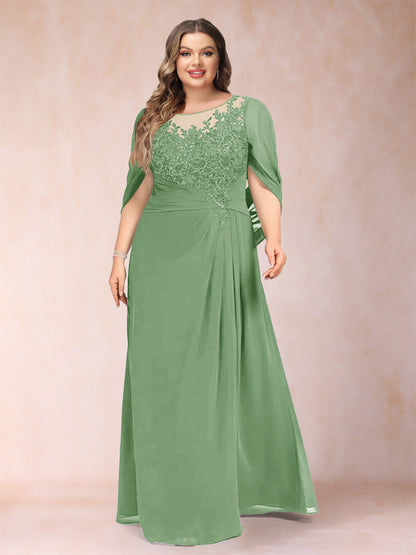 Robe de Mère de la Mariée Grande Taille, Coupe Trapèze/Princesse, Manches Mi-Longues avec Appliques et Volants