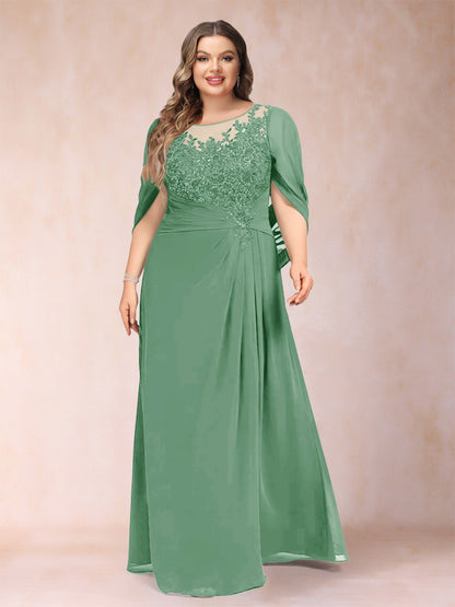 Robe de Mère de la Mariée Grande Taille, Coupe Trapèze/Princesse, Manches Mi-Longues avec Appliques et Volants