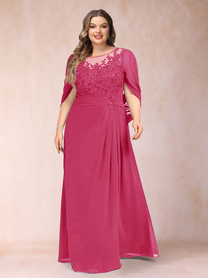 Robe de Mère de la Mariée Grande Taille, Coupe Trapèze/Princesse, Manches Mi-Longues avec Appliques et Volants