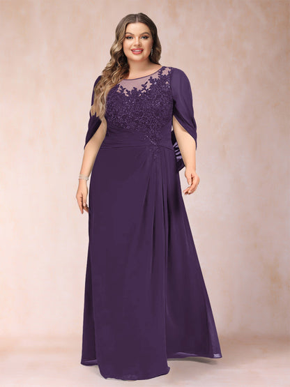 Robe de Mère de la Mariée Grande Taille, Coupe Trapèze/Princesse, Manches Mi-Longues avec Appliques et Volants