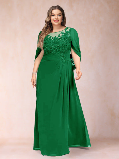 Robe de Mère de la Mariée Grande Taille, Coupe Trapèze/Princesse, Manches Mi-Longues avec Appliques et Volants