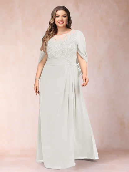 Robe de Mère de la Mariée Grande Taille, Coupe Trapèze/Princesse, Manches Mi-Longues avec Appliques et Volants