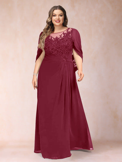 Robe de Mère de la Mariée Grande Taille, Coupe Trapèze/Princesse, Manches Mi-Longues avec Appliques et Volants