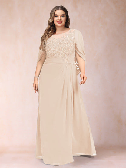 Robe de Mère de la Mariée Grande Taille, Coupe Trapèze/Princesse, Manches Mi-Longues avec Appliques et Volants