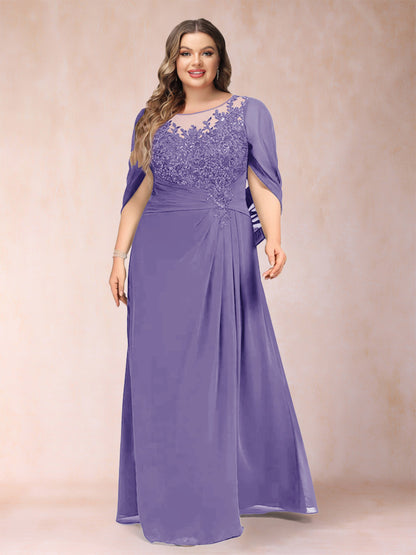 Robe de Mère de la Mariée Grande Taille, Coupe Trapèze/Princesse, Manches Mi-Longues avec Appliques et Volants