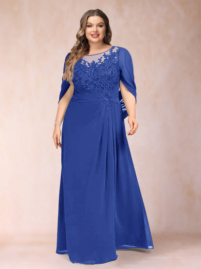 Robe de Mère de la Mariée Grande Taille, Coupe Trapèze/Princesse, Manches Mi-Longues avec Appliques et Volants