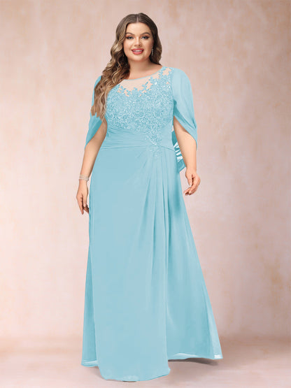Robe de Mère de la Mariée Grande Taille, Coupe Trapèze/Princesse, Manches Mi-Longues avec Appliques et Volants