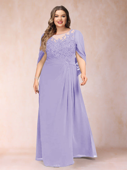 Robe de Mère de la Mariée Grande Taille, Coupe Trapèze/Princesse, Manches Mi-Longues avec Appliques et Volants