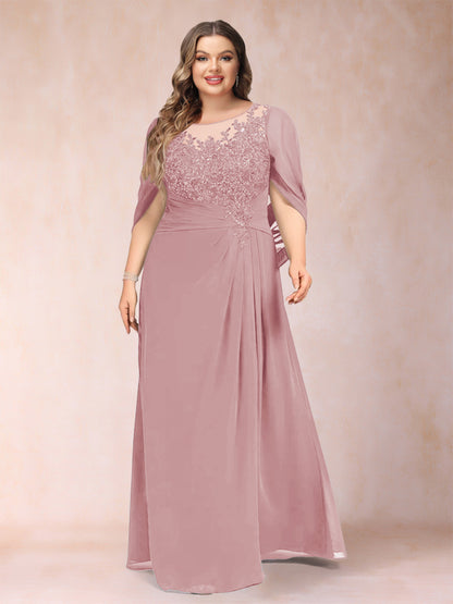 Robe de Mère de la Mariée Grande Taille, Coupe Trapèze/Princesse, Manches Mi-Longues avec Appliques et Volants