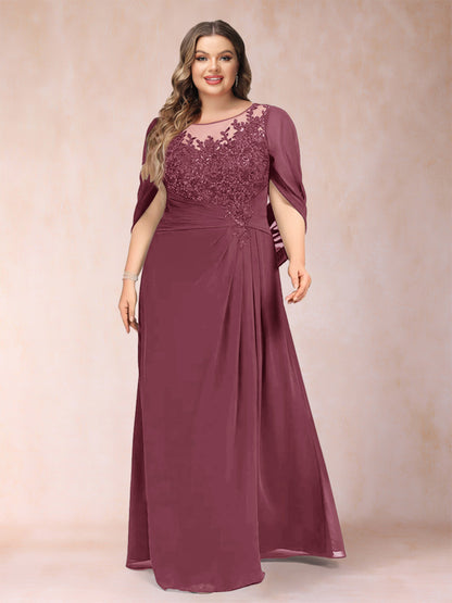 Robe de Mère de la Mariée Grande Taille, Coupe Trapèze/Princesse, Manches Mi-Longues avec Appliques et Volants
