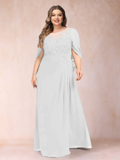 Robe de Mère de la Mariée Grande Taille, Coupe Trapèze/Princesse, Manches Mi-Longues avec Appliques et Volants