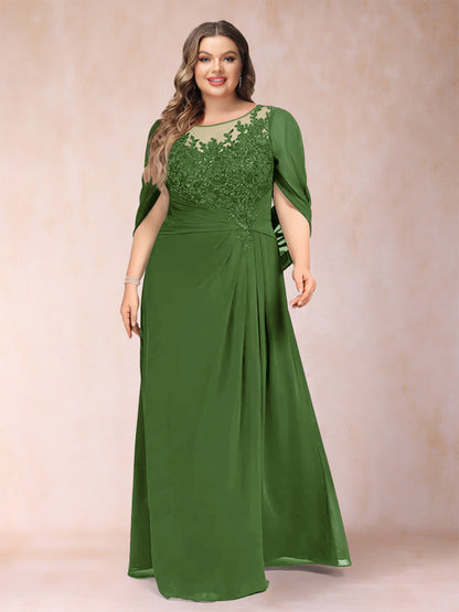 Robe de Mère de la Mariée Grande Taille, Coupe Trapèze/Princesse, Manches Mi-Longues avec Appliques et Volants