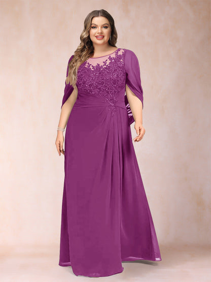 Robe de Mère de la Mariée Grande Taille, Coupe Trapèze/Princesse, Manches Mi-Longues avec Appliques et Volants