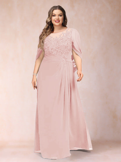Robe de Mère de la Mariée Grande Taille, Coupe Trapèze/Princesse, Manches Mi-Longues avec Appliques et Volants