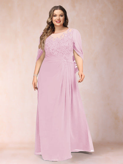 Robe de Mère de la Mariée Grande Taille, Coupe Trapèze/Princesse, Manches Mi-Longues avec Appliques et Volants