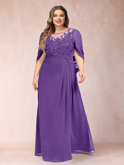 Robe de Mère de la Mariée Grande Taille, Coupe Trapèze/Princesse, Manches Mi-Longues avec Appliques et Volants