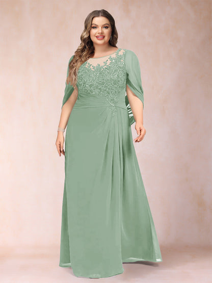 Robe de Mère de la Mariée Grande Taille, Coupe Trapèze/Princesse, Manches Mi-Longues avec Appliques et Volants