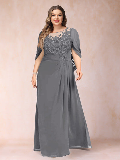 Robe de Mère de la Mariée Grande Taille, Coupe Trapèze/Princesse, Manches Mi-Longues avec Appliques et Volants