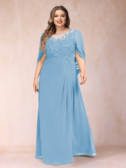 Robe de Mère de la Mariée Grande Taille, Coupe Trapèze/Princesse, Manches Mi-Longues avec Appliques et Volants