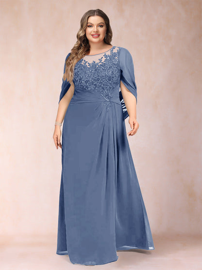Robe de Mère de la Mariée Grande Taille, Coupe Trapèze/Princesse, Manches Mi-Longues avec Appliques et Volants