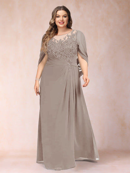 Robe de Mère de la Mariée Grande Taille, Coupe Trapèze/Princesse, Manches Mi-Longues avec Appliques et Volants