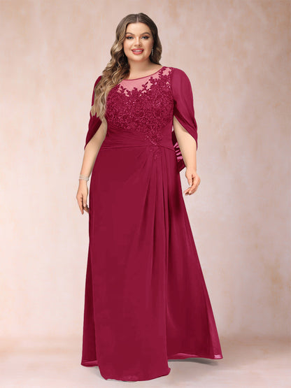 Robe de Mère de la Mariée Grande Taille, Coupe Trapèze/Princesse, Manches Mi-Longues avec Appliques et Volants