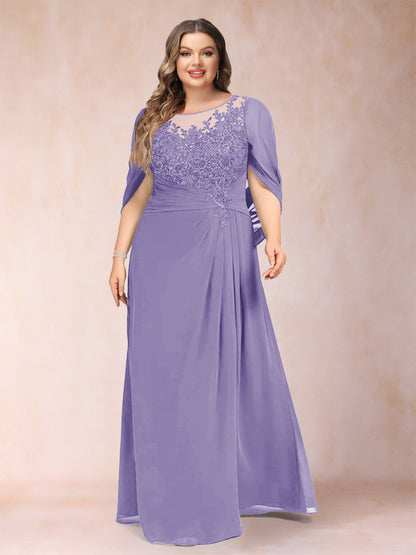 Robe de Mère de la Mariée Grande Taille, Coupe Trapèze/Princesse, Manches Mi-Longues avec Appliques et Volants