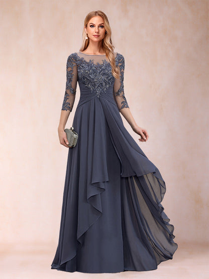 Robe de Mère de la Mariée En Mousseline de Soie à Manches 3/4 et Coupe Princesse avec Appliques et Volants
