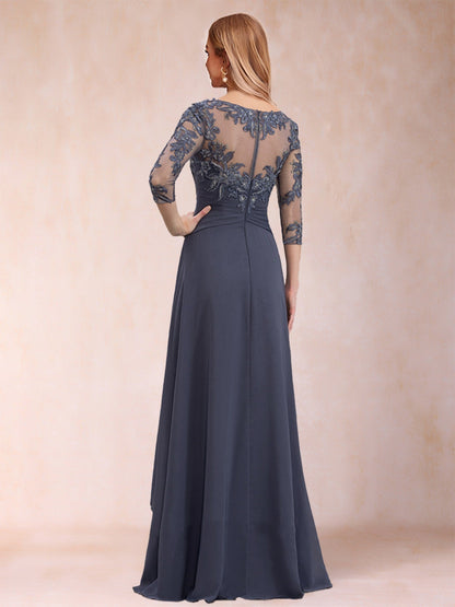 Robe de Mère de la Mariée En Mousseline de Soie à Manches 3/4 et Coupe Princesse avec Appliques et Volants