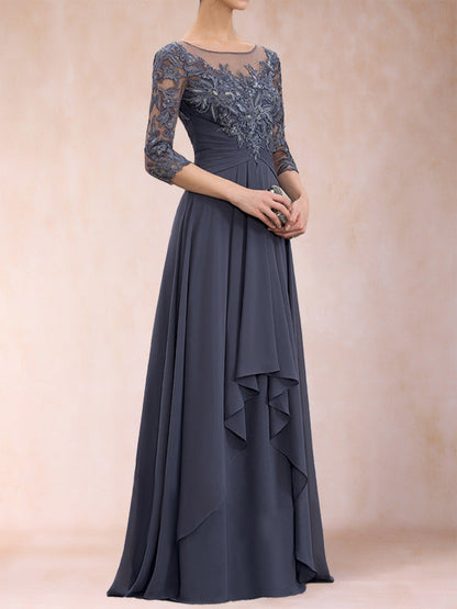 Robe de Mère de la Mariée En Mousseline de Soie à Manches 3/4 et Coupe Princesse avec Appliques et Volants