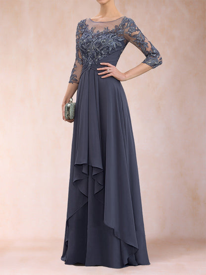 Robe de Mère de la Mariée En Mousseline de Soie à Manches 3/4 et Coupe Princesse avec Appliques et Volants