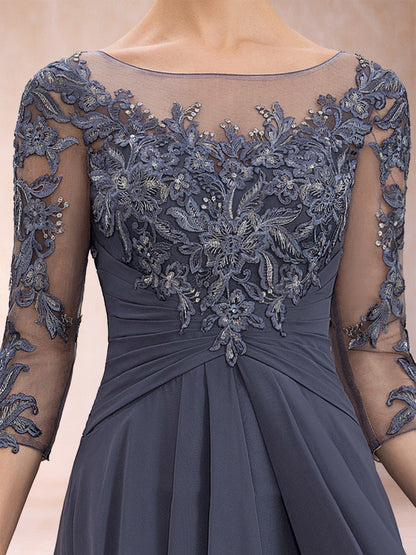 Robe de Mère de la Mariée En Mousseline de Soie à Manches 3/4 et Coupe Princesse avec Appliques et Volants
