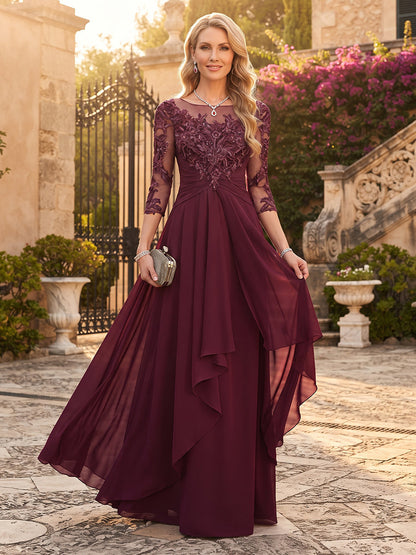 Robes pour mère de la mariée (style trapèze/princesse) en mousseline, encolure arrondie, manches 3/4, avec applications et volants