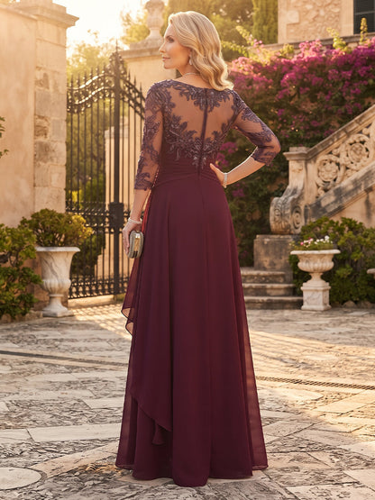 Robes pour mère de la mariée (style trapèze/princesse) en mousseline, encolure arrondie, manches 3/4, avec applications et volants