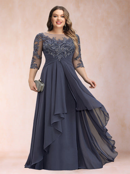Robe de Mère de la Mariée Grande Taille, Coupe Trapèze/Princesse, Manches 3/4, en Mousseline avec Appliques et Volants