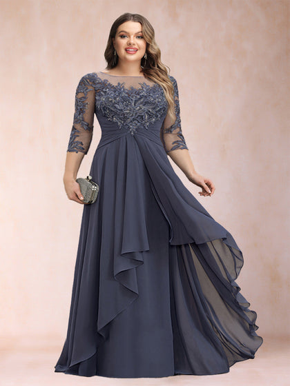 Robe de Mère de la Mariée Grande Taille, Coupe Trapèze/Princesse, Manches 3/4, en Mousseline avec Appliques et Volants