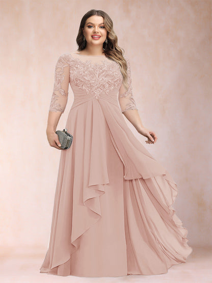 Robe de Mère de la Mariée Grande Taille, Coupe Trapèze/Princesse, Manches 3/4, en Mousseline avec Appliques et Volants
