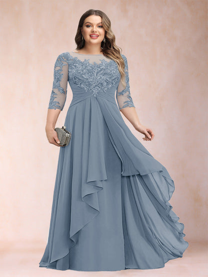 Robe de Mère de la Mariée Grande Taille, Coupe Trapèze/Princesse, Manches 3/4, en Mousseline avec Appliques et Volants